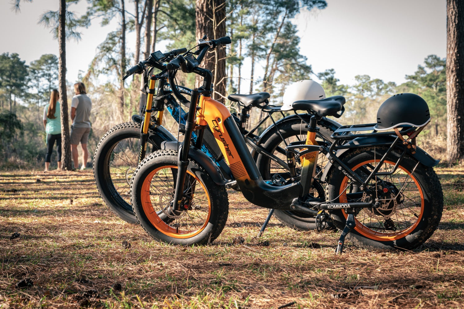 Two electric bikes are parked on the grass.