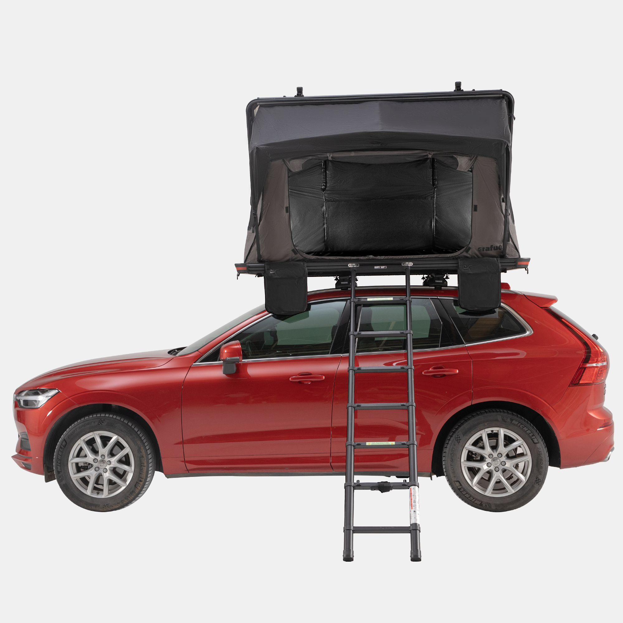 Interior view of roof tent with mattress, LED lighting and ventilation windows